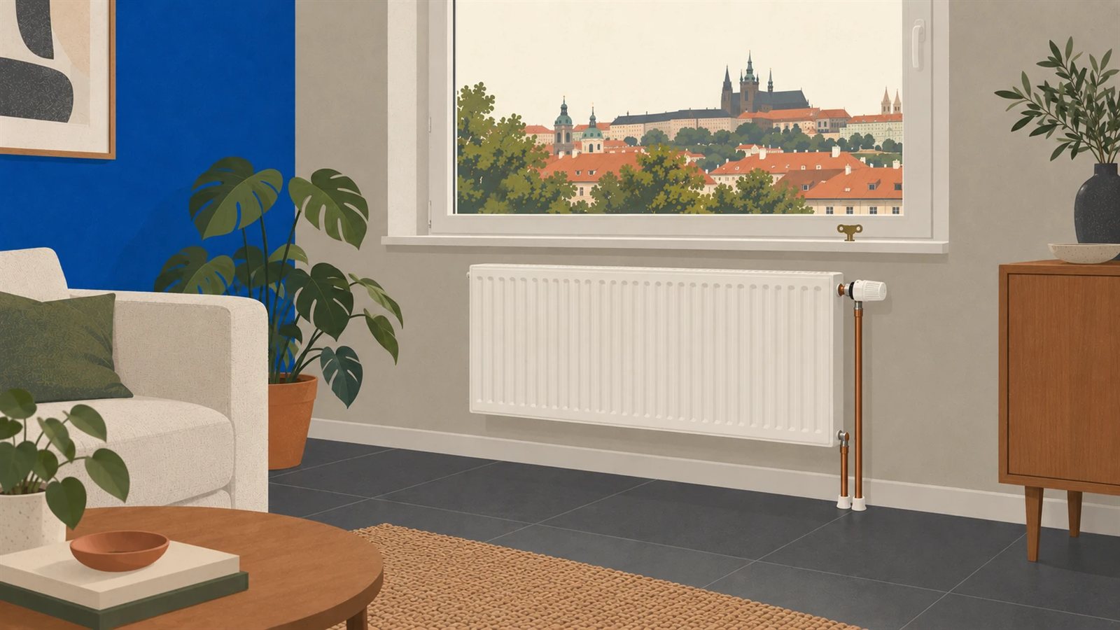 Radiátor pod oknem v pražském bytě, který hřeje jen v horní části