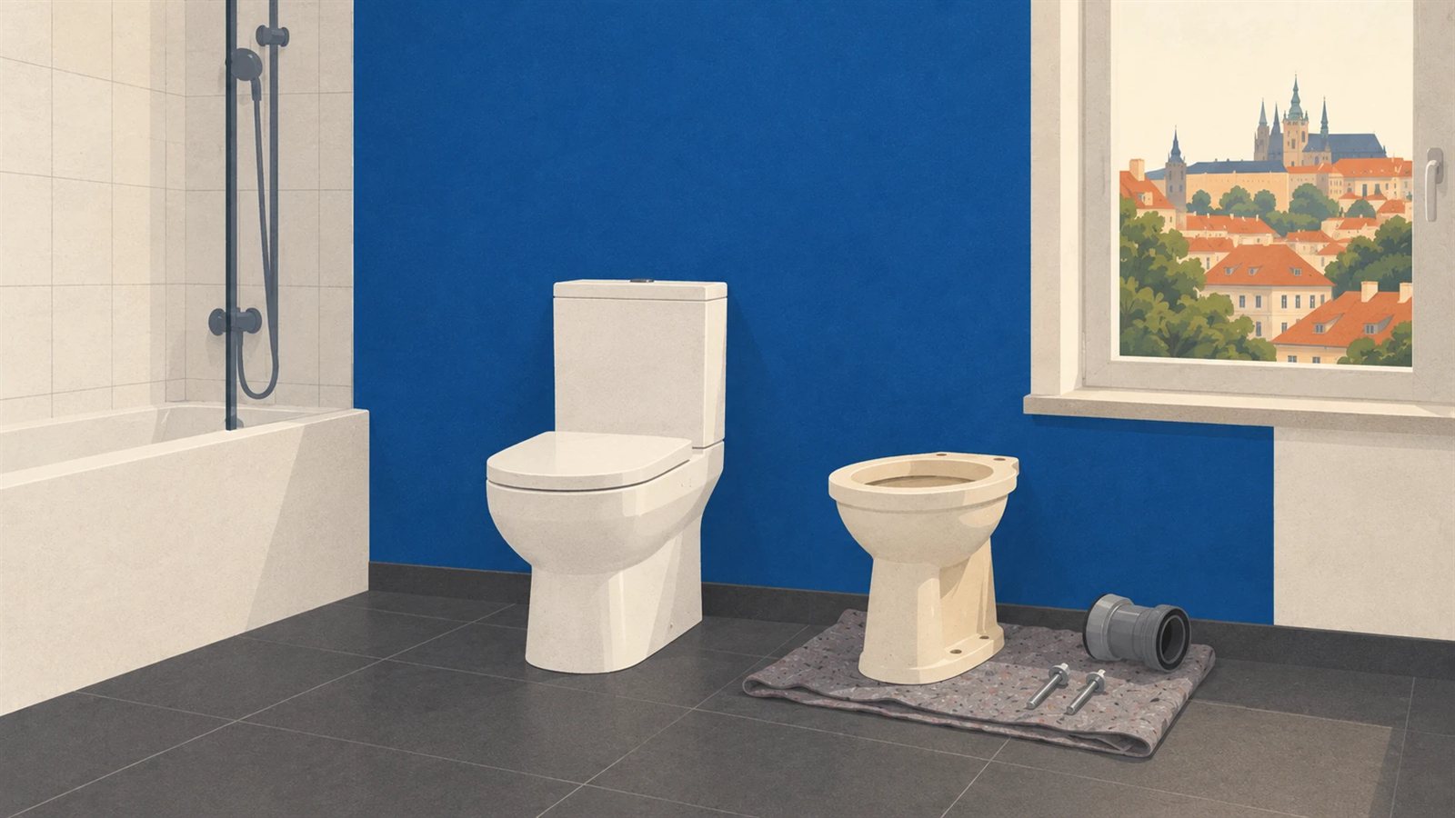 Nová bílá záchodová mísa v koupelně pražského bytu a odpojené staré WC na podlaze