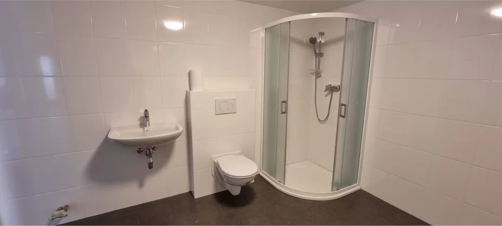 Rohový sprchový kout s posuvnými dveřmi, nástěnné umyvadlo a závěsné WC