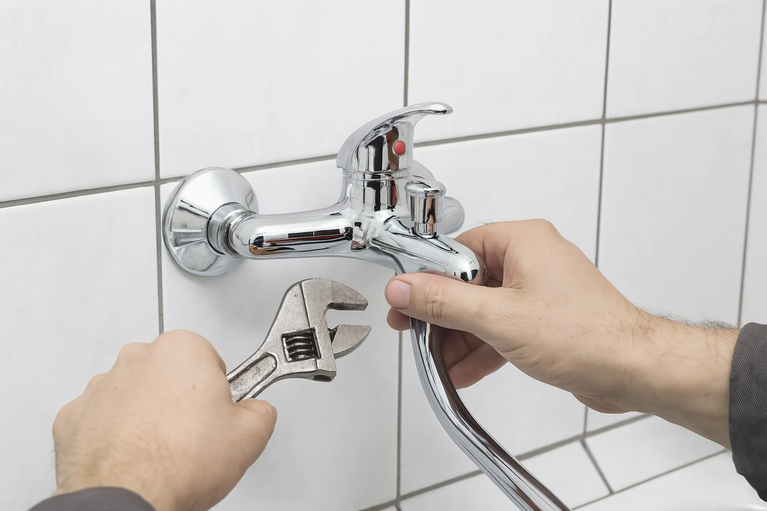 Instalace vodovodní baterie pomocí klíče během výměny
