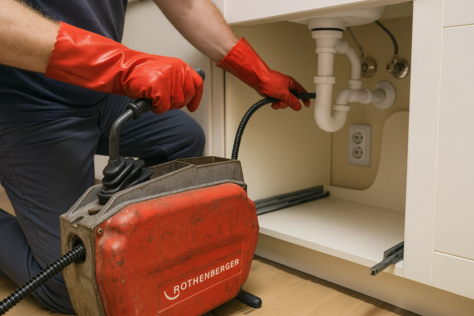 Instalatér v červených rukavicích používá strojní spirálu Rothenberger k čištění odpadu pod dřezem