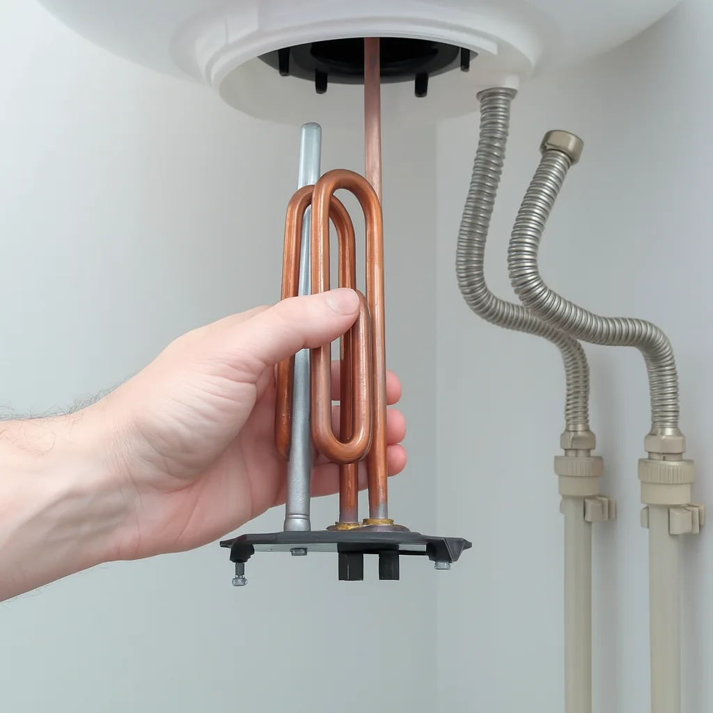 „Ruka drží měděné a kovové topné spirály vyjmuté z elektrického bojleru.“