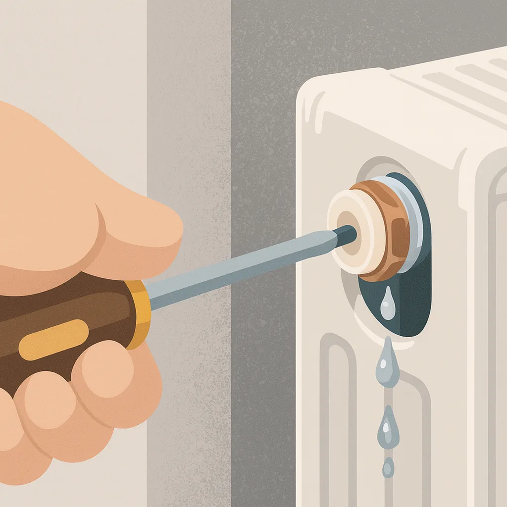 Odvzdušnění radiátoru pomocí šroubováku – ilustrace postupu.