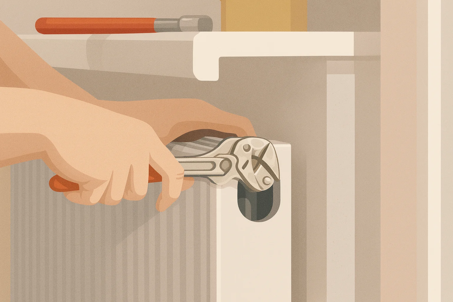 Utahování ventilu na radiátoru pomocí klíče – plochá ilustrace.