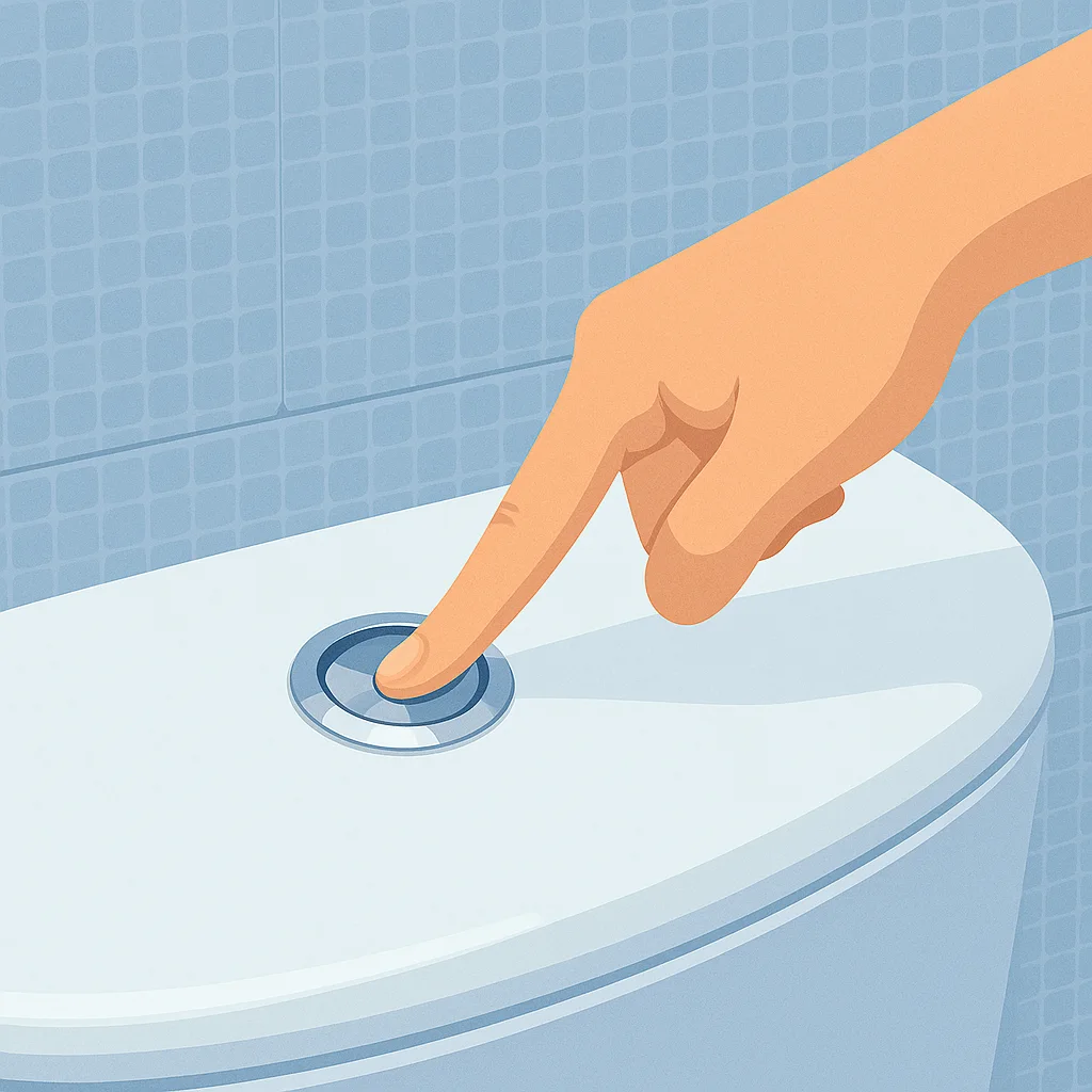 Ruka stiskává tlačítko splachování toalety, které spouští napouštění WC a aktivuje napouštěcí ventil záchodu.