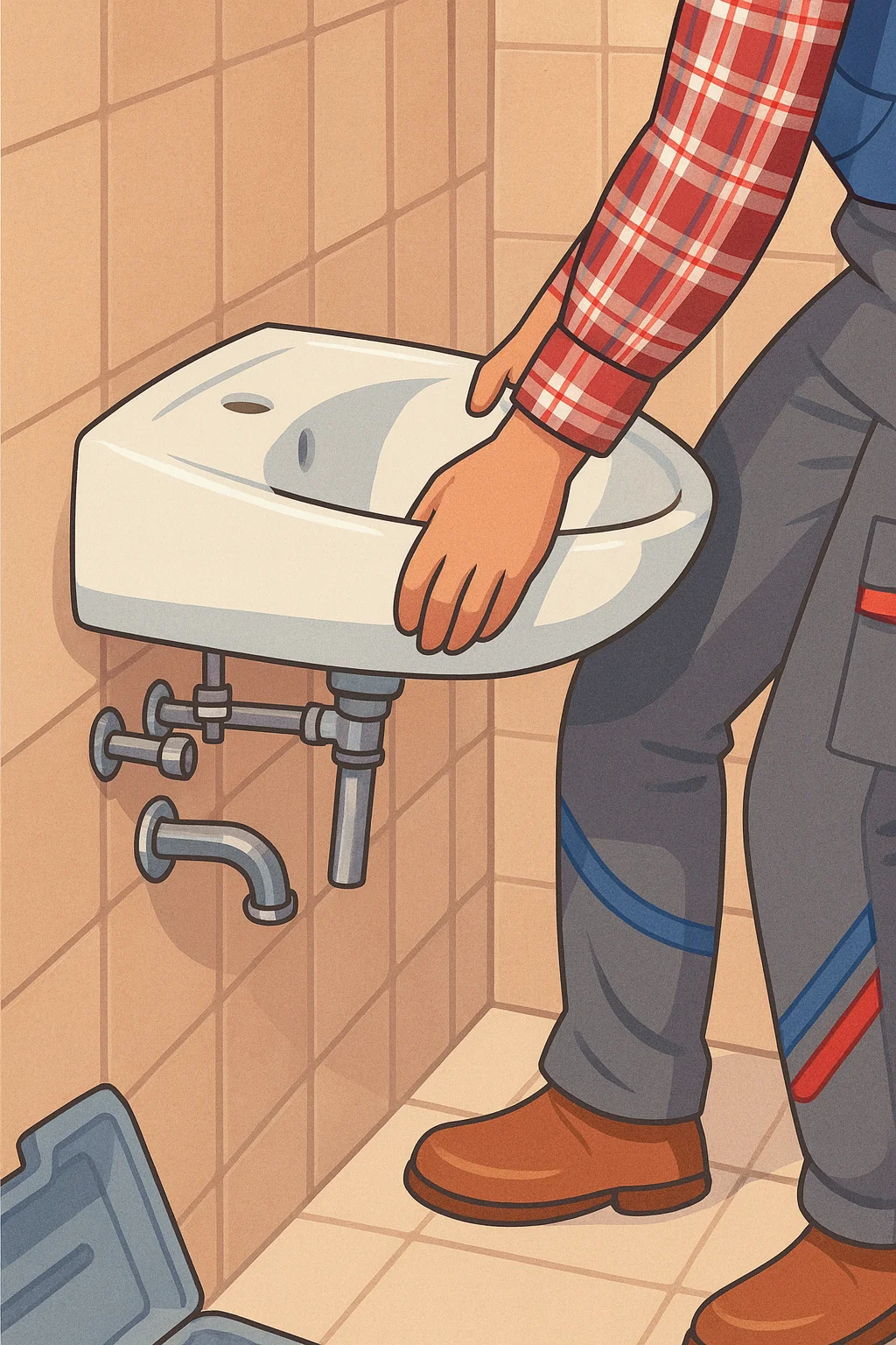 Animovaná ilustrace montáže umyvadla v koupelně, s odpadem, trubkami a obkladem v teplých tónech, bez zobrazení obličeje montéra.