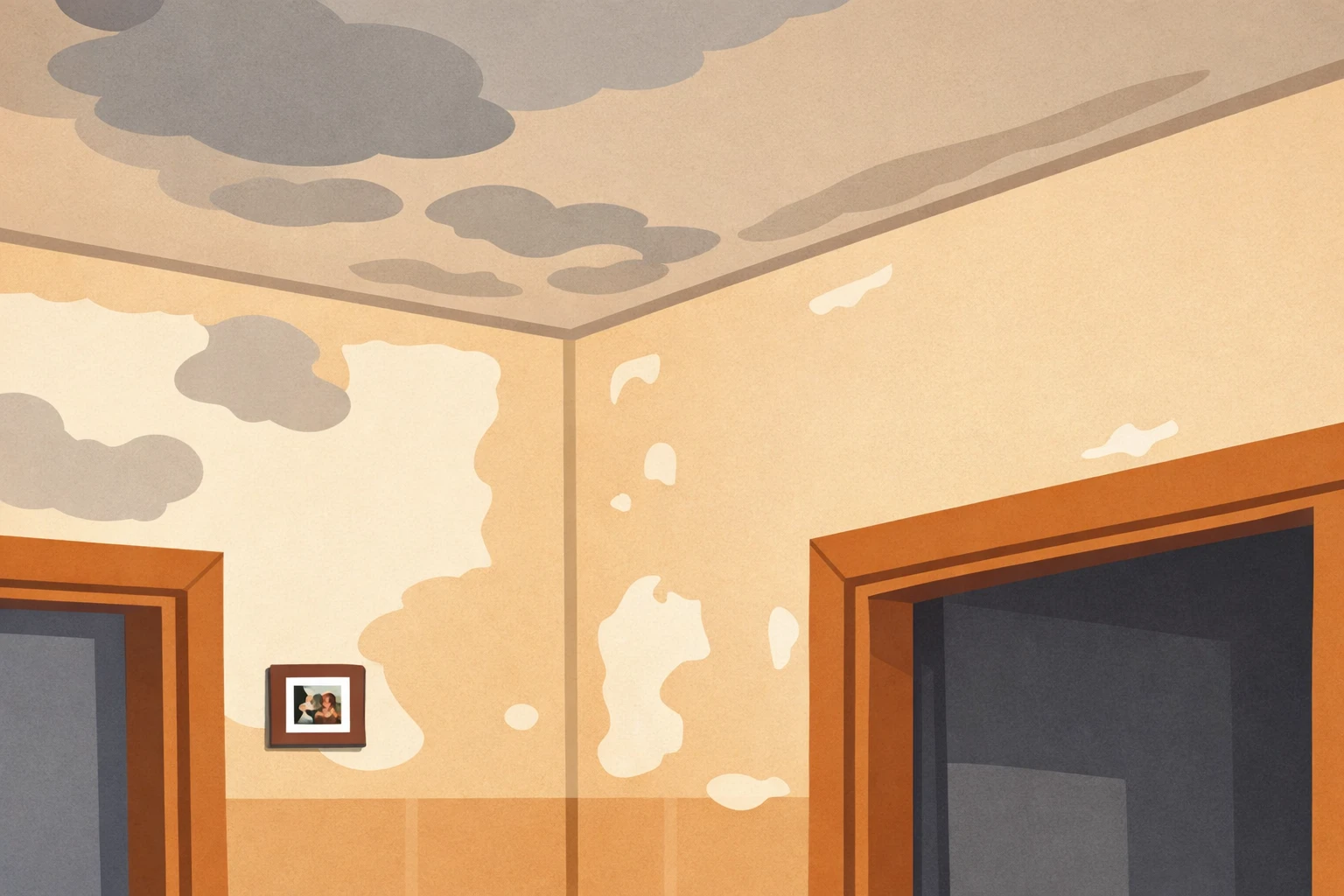 Ilustrace poškozené zdi a stropu po vytopení bytu v paneláku způsobeném prasklou stoupačkou