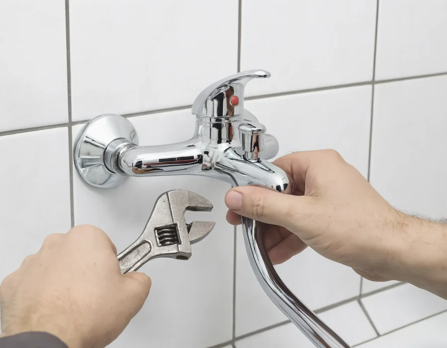 Instalace vodovodní baterie pomocí klíče během výměny